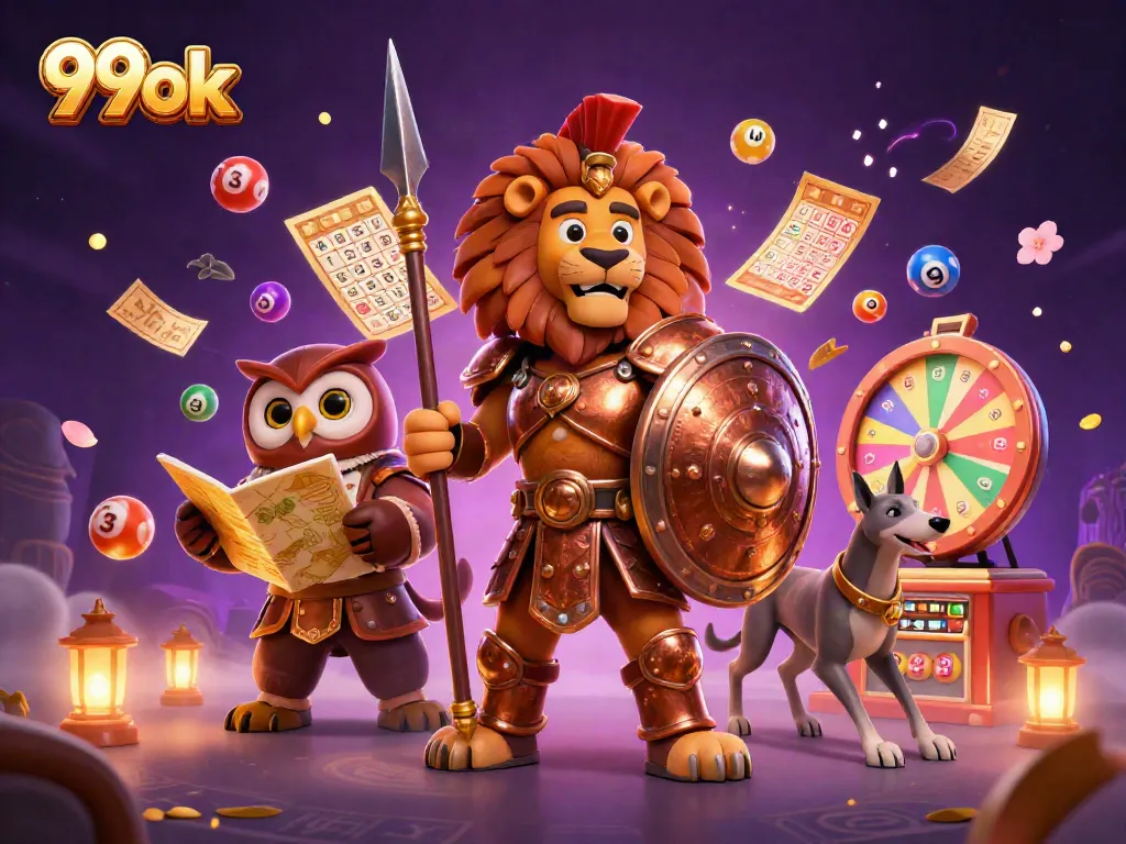 Engage in thrilling lottery games with 99ok, featuring a vibrant scene of characters and colorful elements.