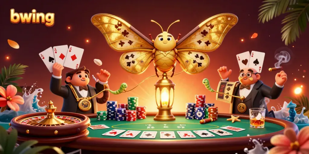 Bwing engages players with a vibrant casino scene featuring colorful poker elements and a majestic moth.