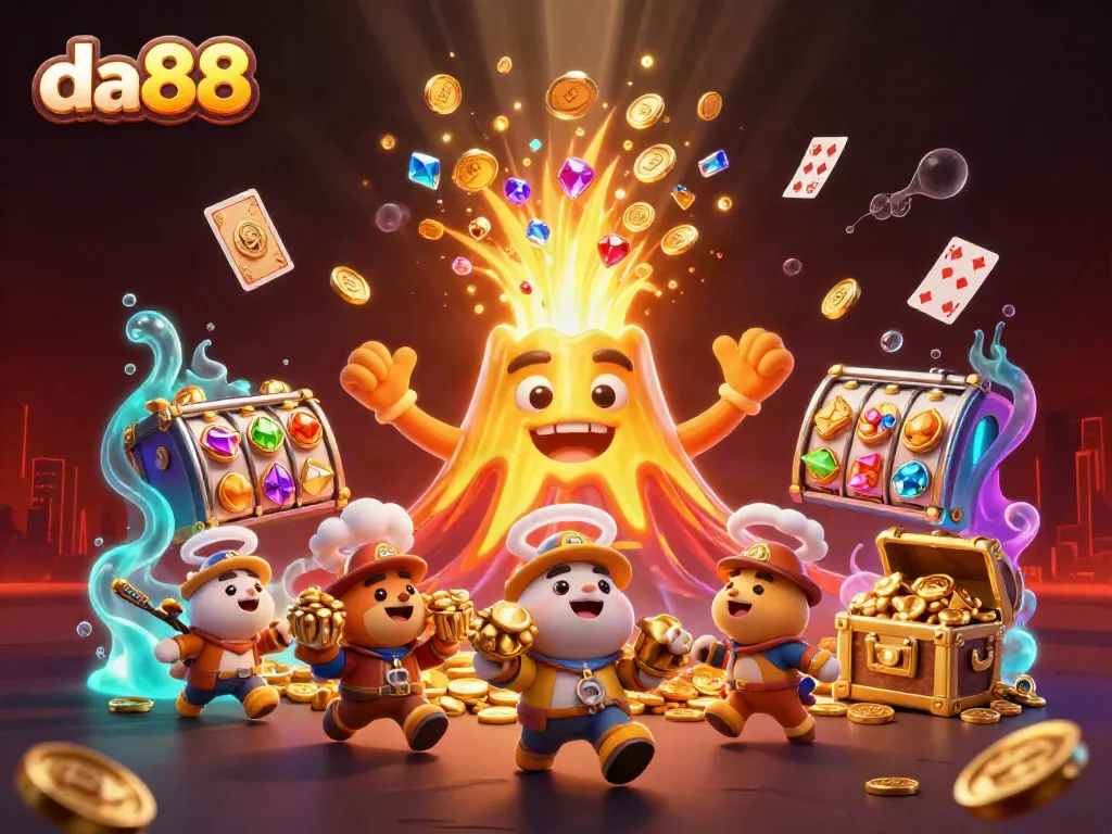 Spin the reels and grab treasures at da88’s vibrant casino volcano eruption scene.