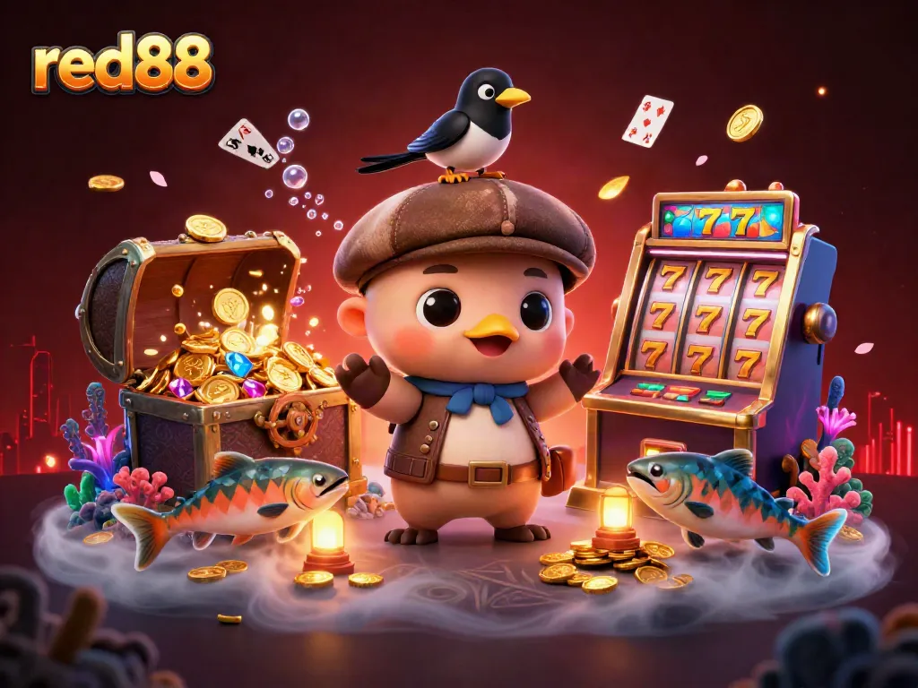 Experience the excitement of red88 with this vibrant casino scene featuring playful characters and dynamic slot elements.