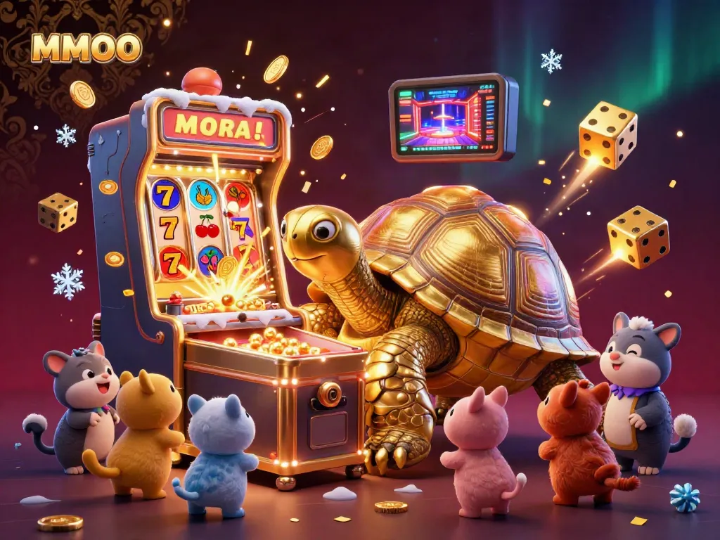 Engage in the vibrant MMOO casino adventure with a colossal tortoise and jackpot excitement.