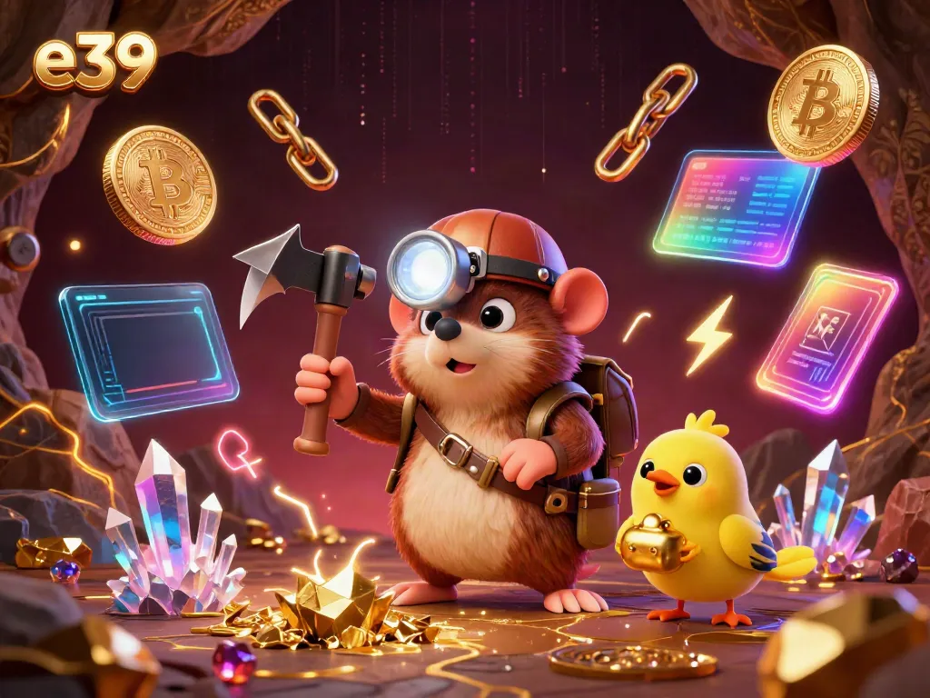 Engage in exciting e39 gaming with a cartoon mole and canary amidst neon crypto elements.