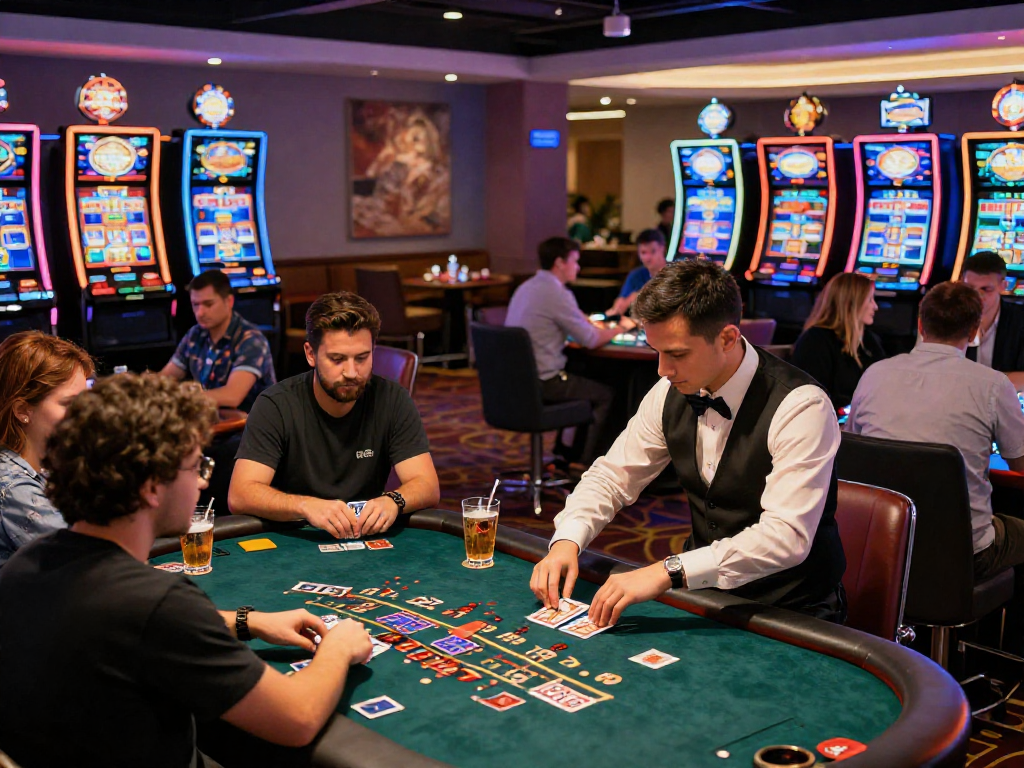 Atmosfera vivace in un casinò non AAMS con tavoli da gioco e giocatori coinvolti.