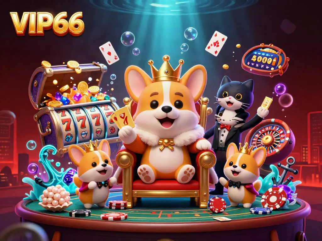 Experience VIP66 with a royal corgi on a poker chip throne amidst vibrant casino elements.