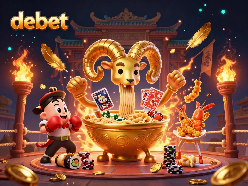 Experience the vibrant debet online casino scene with a giant ramen bowl dealer, illuminating colorful game elements.