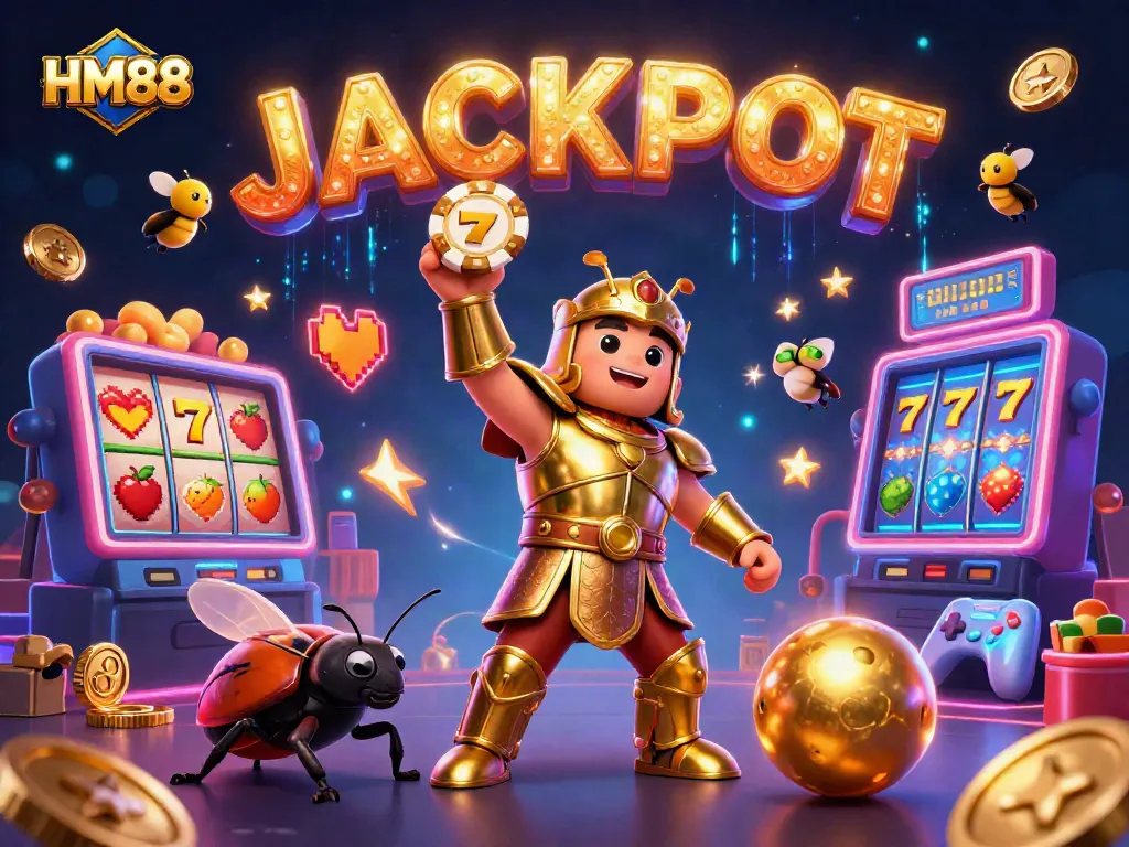 HM88 offers an exhilarating casino experience with a 3D beetle in golden armor lifting a poker chip amidst brilliant slot elements.