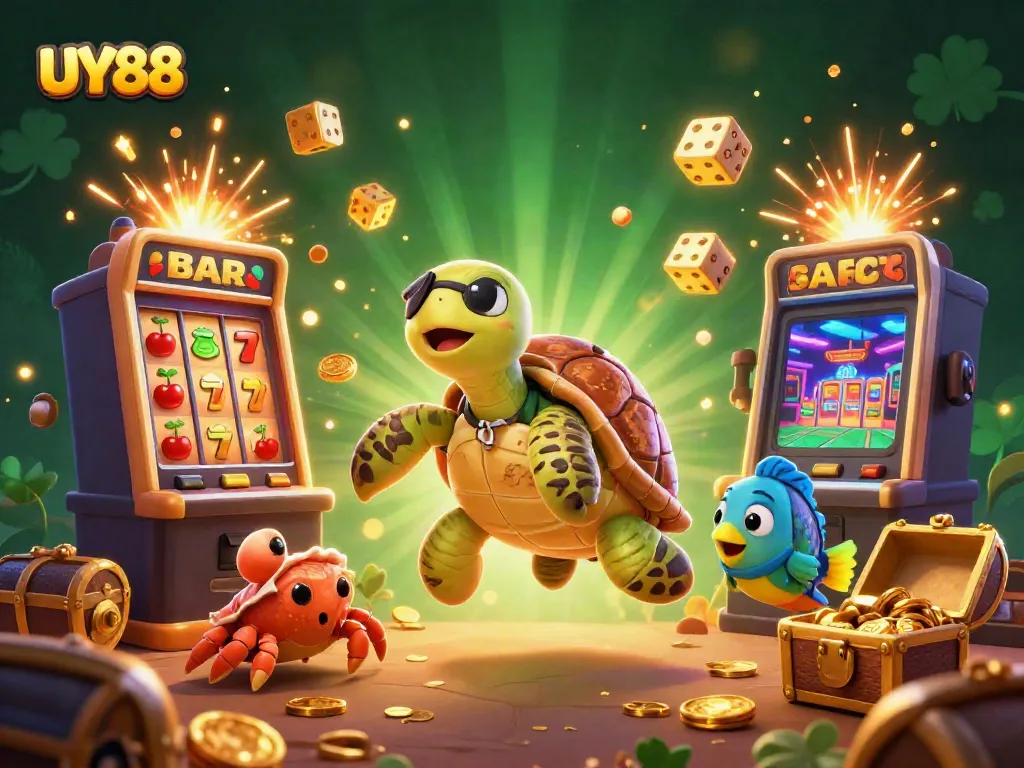Experience thrilling gaming with UY88's vibrant 3D casino scene, showcasing animated characters and jackpot excitement.