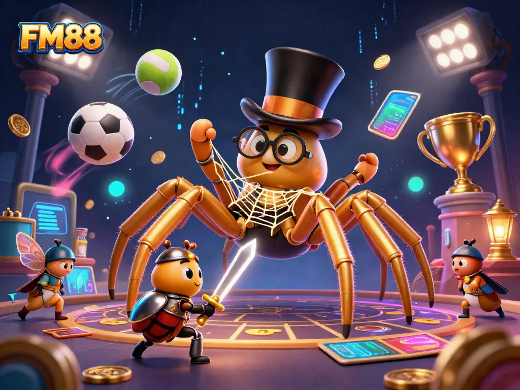 Engage with FM88's exciting casino adventure highlighted by a golden tarantula and beetle knight.