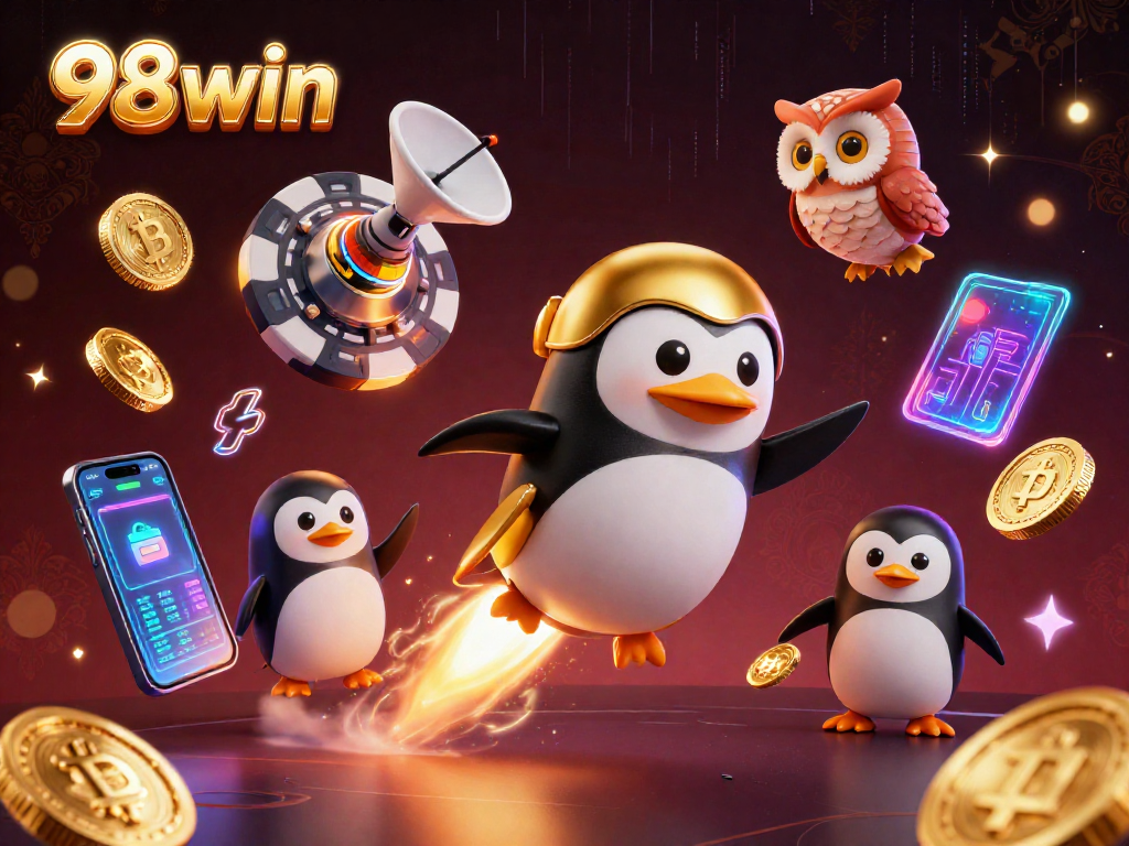 Experience the excitement of 98win with a golden penguin flying through a cosmic casino.