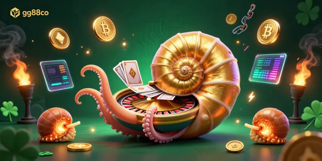 Engage in thrilling gambling with gg88co, featuring a giant nautilus as a roulette wheel amidst vibrant crypto elements.