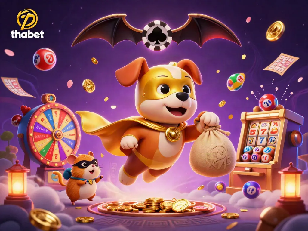 Experience thrilling adventures with thabet, where a superhero dog and sidekick hamster soar among vibrant casino elements.