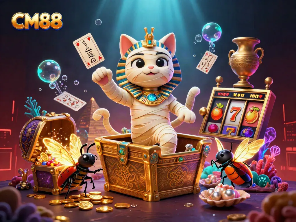 Experience the thrill of CM88 with the mummy cat bursting out of the casino sarcophagus, surrounded by vibrant gaming elements.