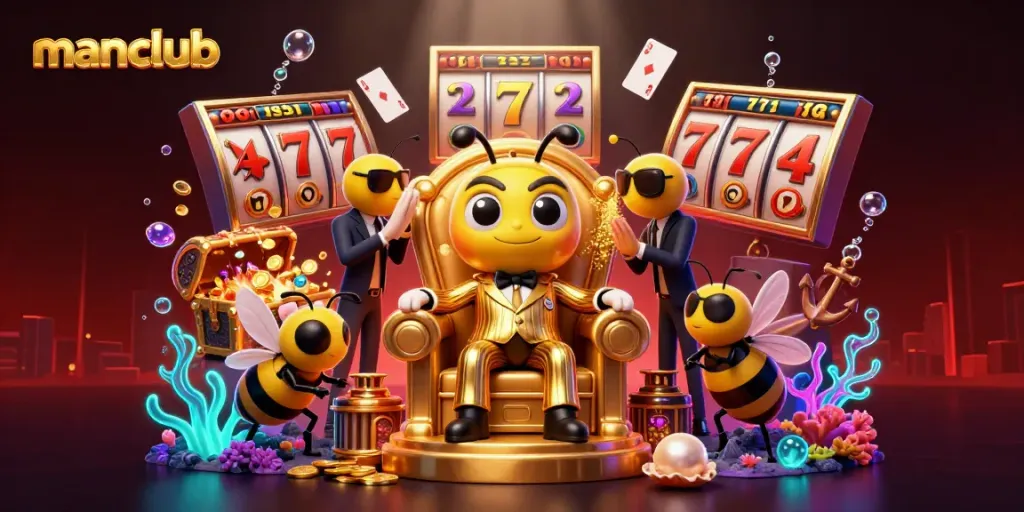 Experience thrilling games at manclub with the animated bumblebee mob boss guarding golden treasures and vibrant casino elements.