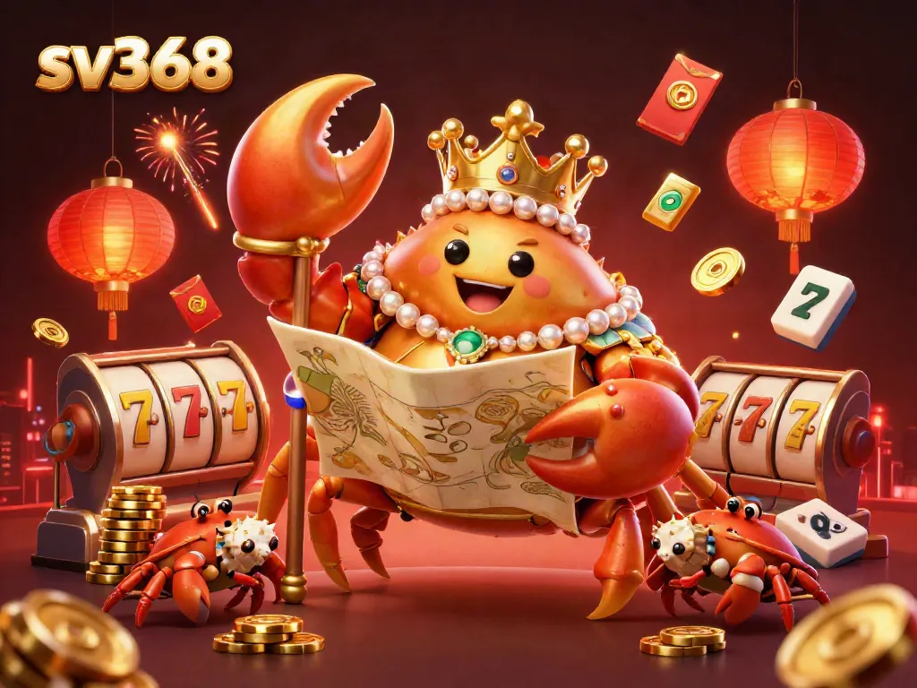Engage with sv368's vibrant casino world, showcasing a golden crab emperor among dynamic gaming elements.
