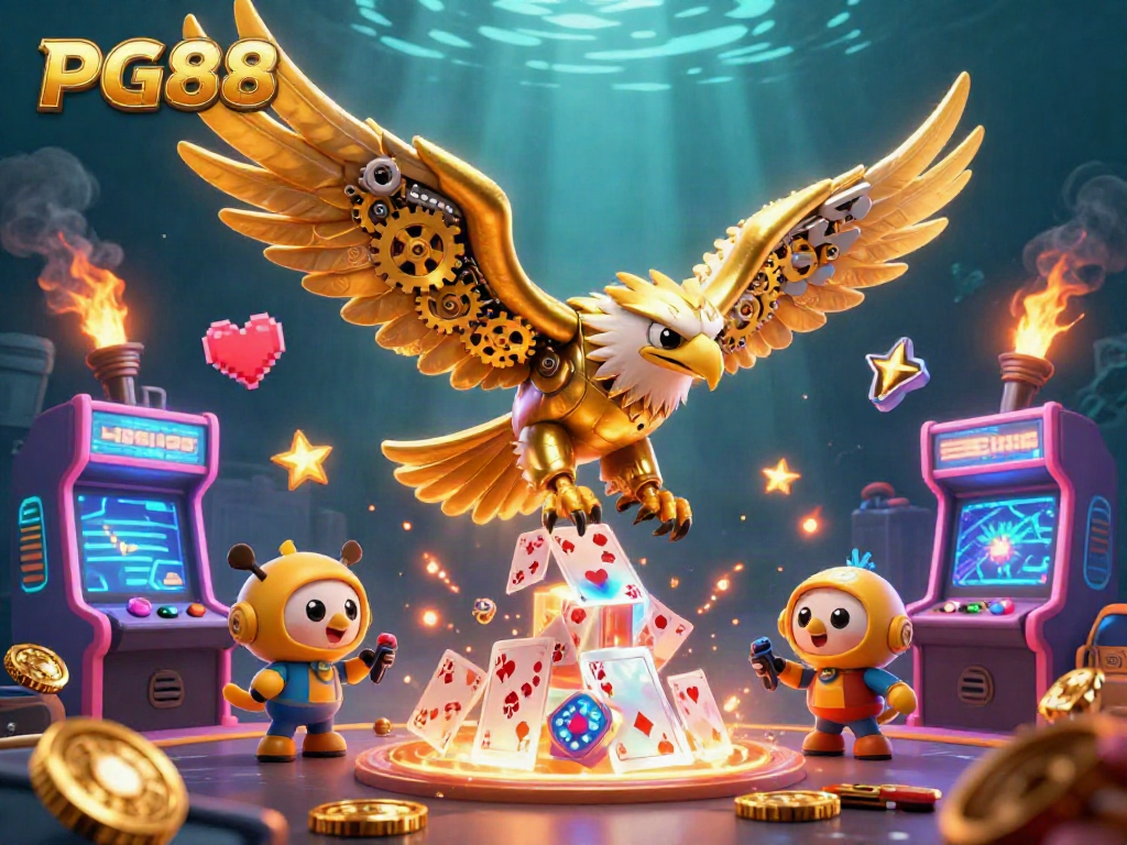 Experience the thrill with PG88 as a cybernetic eagle plays in a vibrant casino scene.