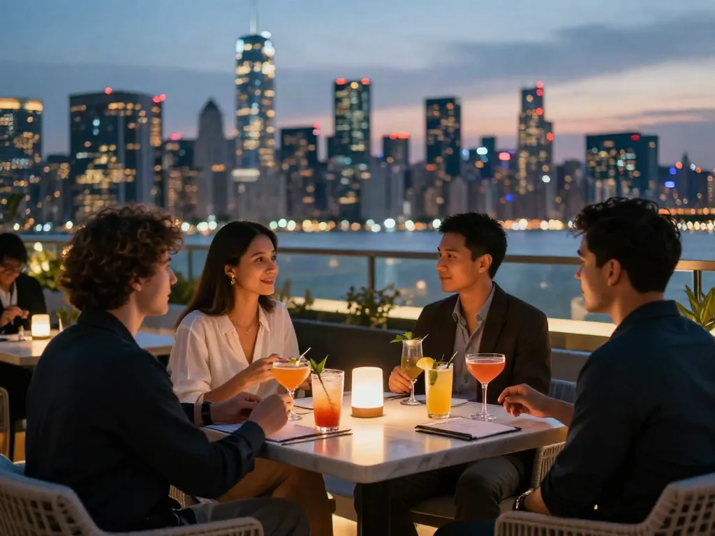 NoHu rooftop bar featuring vibrant cocktails, chic atmosphere, and stunning skyline views.