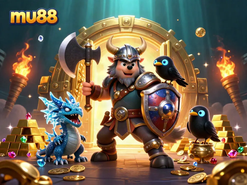 Experience thrilling wins with mu88 as a Viking warrior and dragon explore a treasure-filled casino.