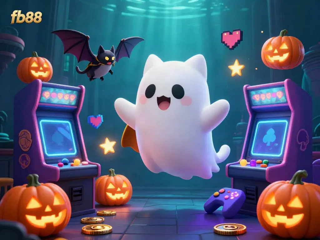 Engage in thrilling gameplay with fb88's ghost cat in a haunted casino, surrounded by arcade and casino elements.