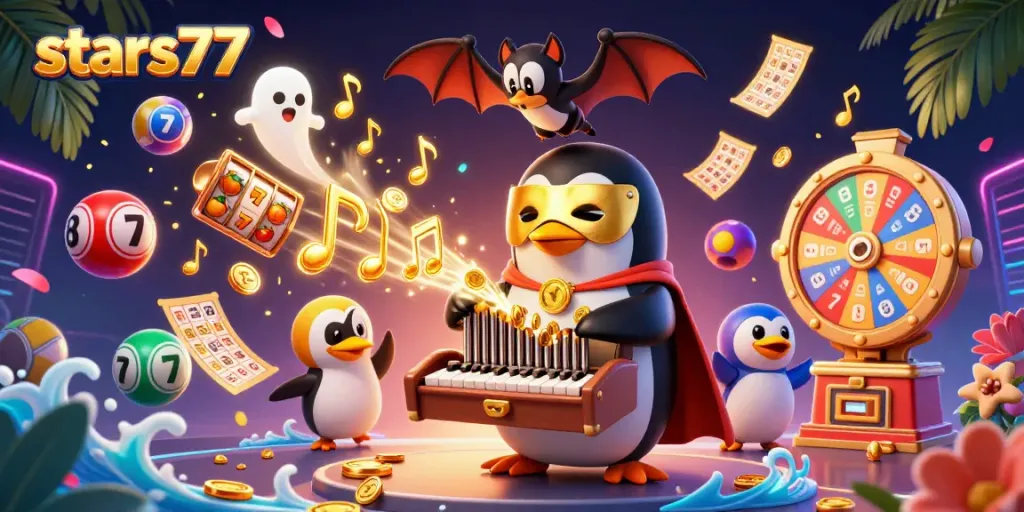 Permainan slot interaktif di dunia stars77 dengan penguin opera mengeluarkan koin emas.