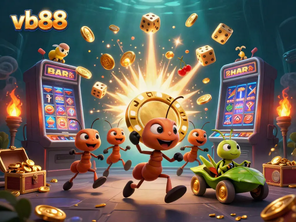 Experience thrilling action with vb88 as ants heist a giant poker chip amid a jackpot explosion.