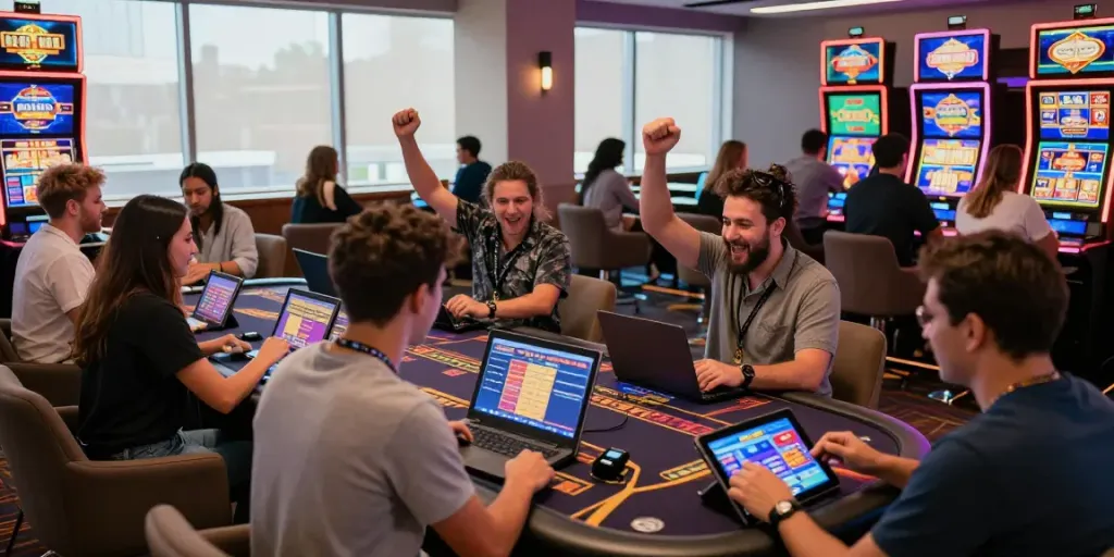 Excited players enjoying Casino Gratuit gaming experience with diverse games and lively atmosphere.