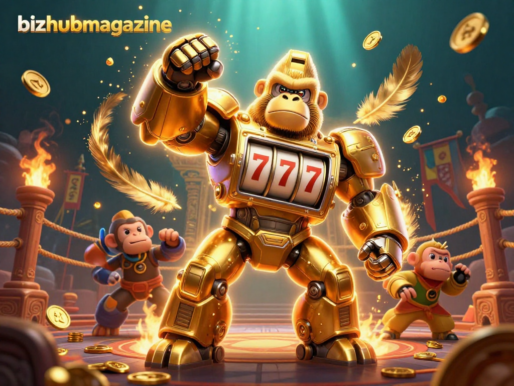 Experience the thrill of bizhubmagazine with a stunning 3D illustration of a golden gorilla mech.