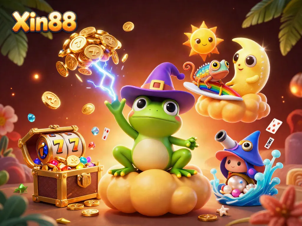 Experience the excitement of Xin88 with a 3D wizard frog and lucky elements in a vibrant casino scene.