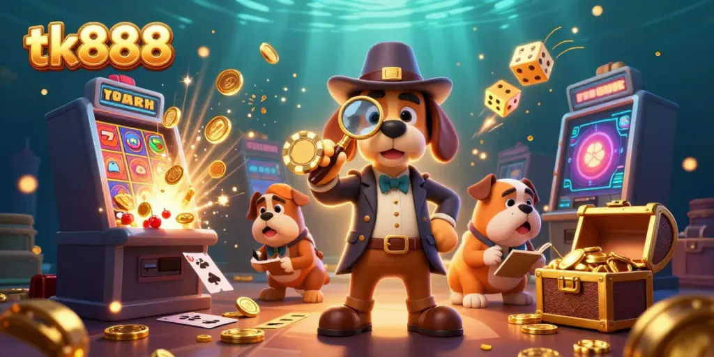 Join the adventure with tk888 as a detective bloodhound uncovers golden poker chips amidst a vibrant casino world.