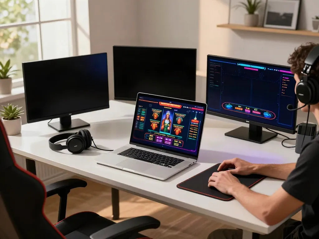 Player on https://da88z.net/ enjoying a live casino gaming experience in a modern home office setup.
