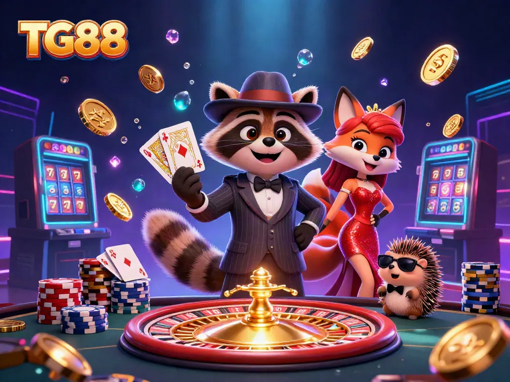 Experience thrilling casino elements with TG88's elegant raccoon, captivating fox, and vigilant hedgehog amidst dynamic gaming visuals.