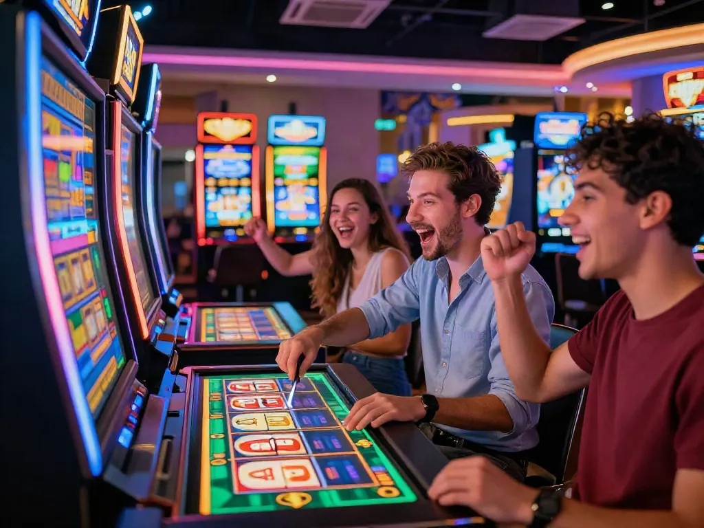 Friends enjoying Casino En Ligne with excitement at a vibrant online gaming scene.