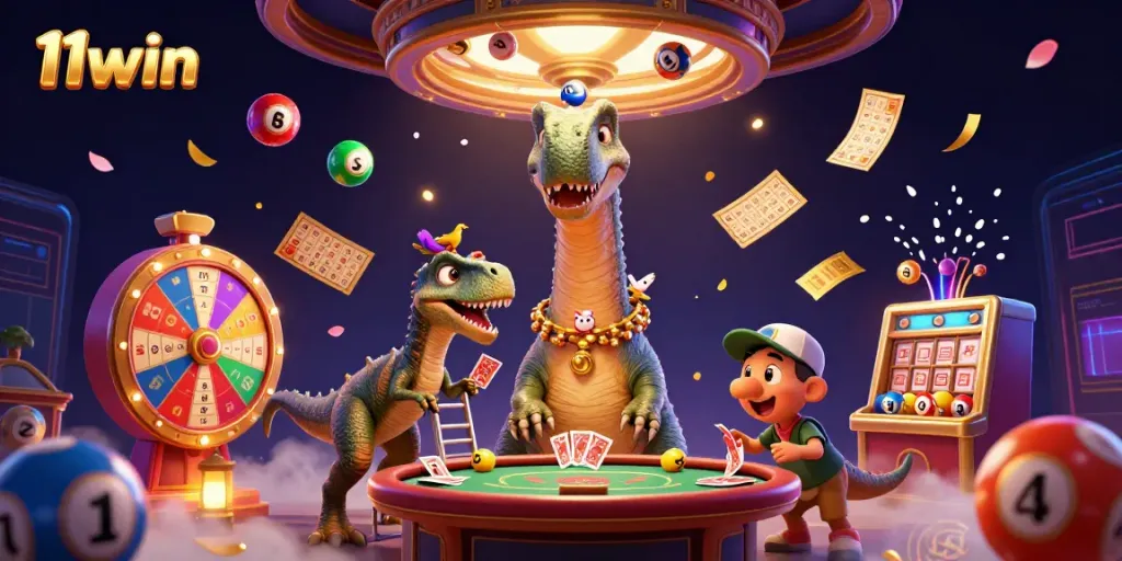 Experience the vibrant lottery and casino scene from 11win with a giant brontosaurus and clever raptor card dealer amidst colorful gaming elements.