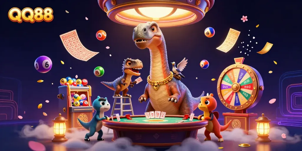 Engage with QQ88's vibrant casino world as a tall brontosaurus watches poker action by a clever raptor dealer.