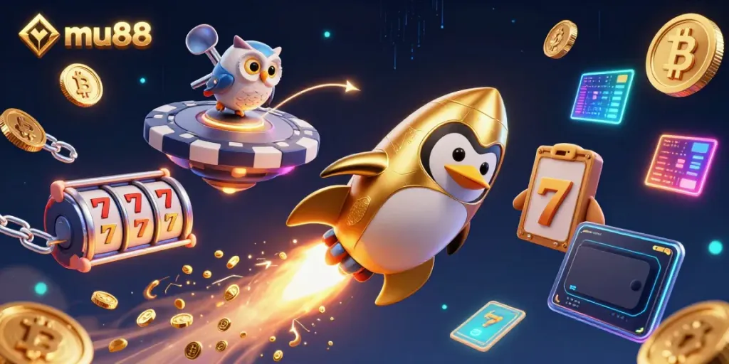 Experience thrilling gameplay with mu88's golden penguin and vibrant casino elements in a cosmic setting.