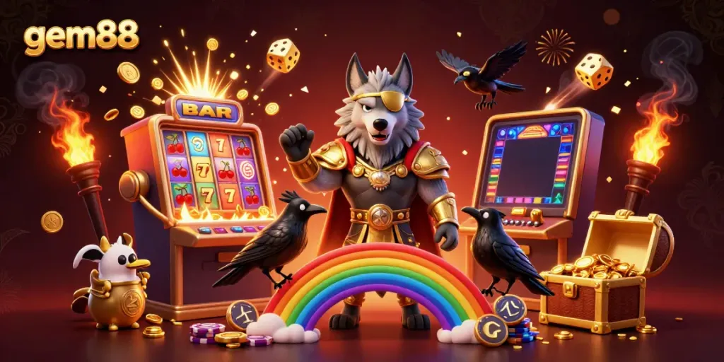 Experience gem88 excitement with a mythical casino scene featuring Odin, golden treasures, and thrilling games.