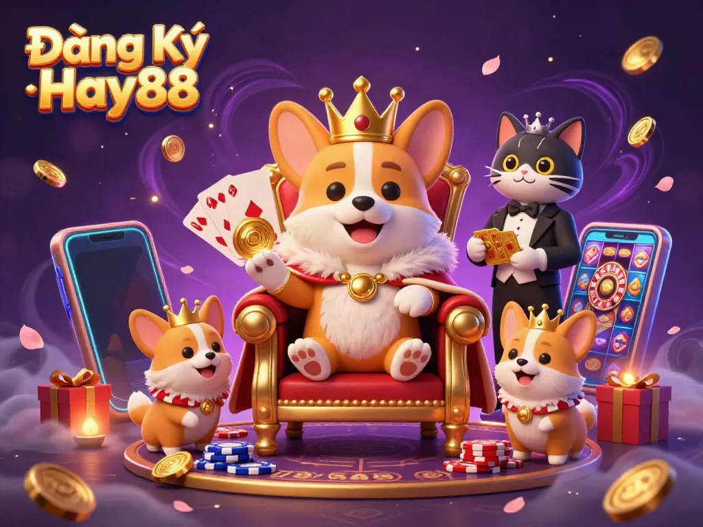 Experience a vibrant gaming scene with Đăng Ký Hay88 featuring a royal corgi, a cat butler, and dynamic slot elements.