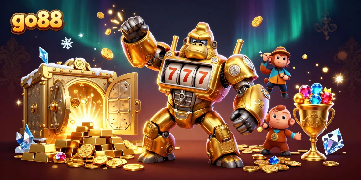Go88 unleashes wins with vibrant 3D golden gorilla mech and treasure explosion in dynamic casino scene.
