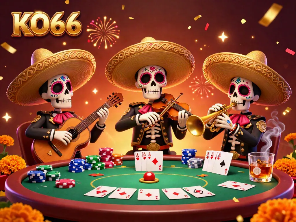 Experience the excitement of KO66 with a vibrant 3D mariachi band playing at a poker table.