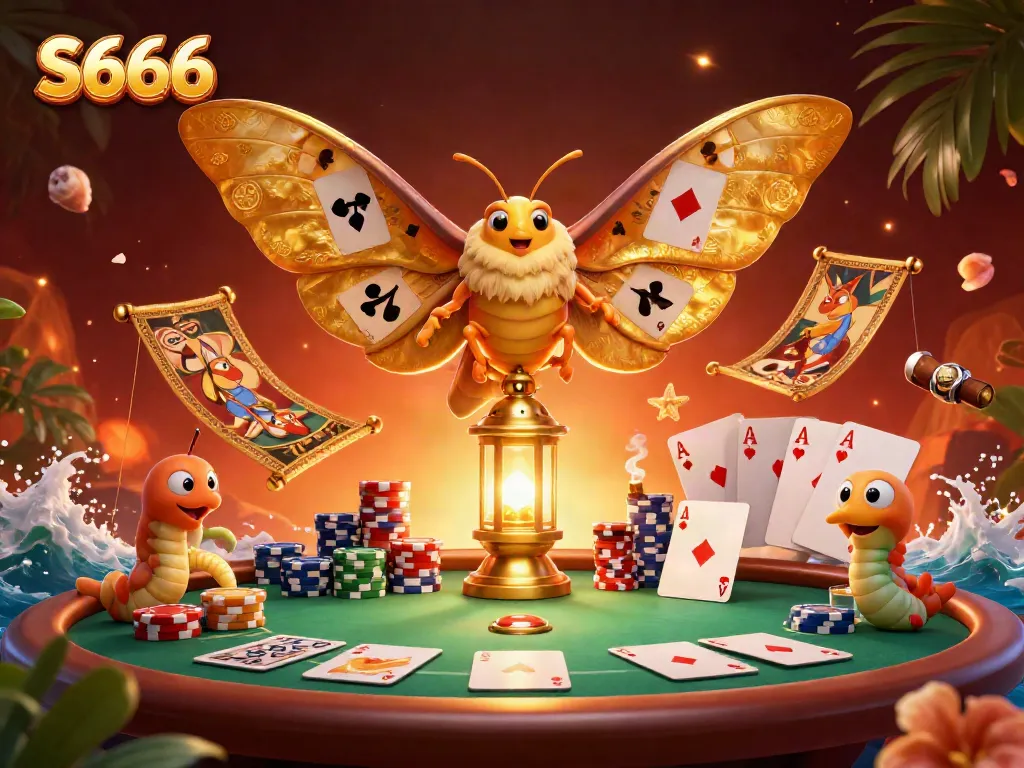 Experience the vibrant S666 gaming world with a majestic atlas moth and poker elements.