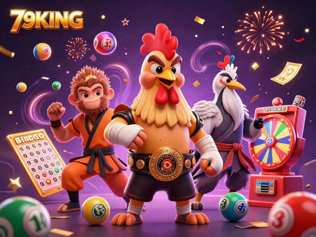 79KING's vibrant promo with Muay Thai rooster, monkey, and crane surrounded by lottery elements.