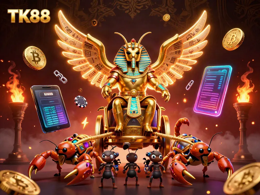 Join the thrilling action at TK88 as a golden scarab beetle leads a chariot amidst dazzling casino elements.