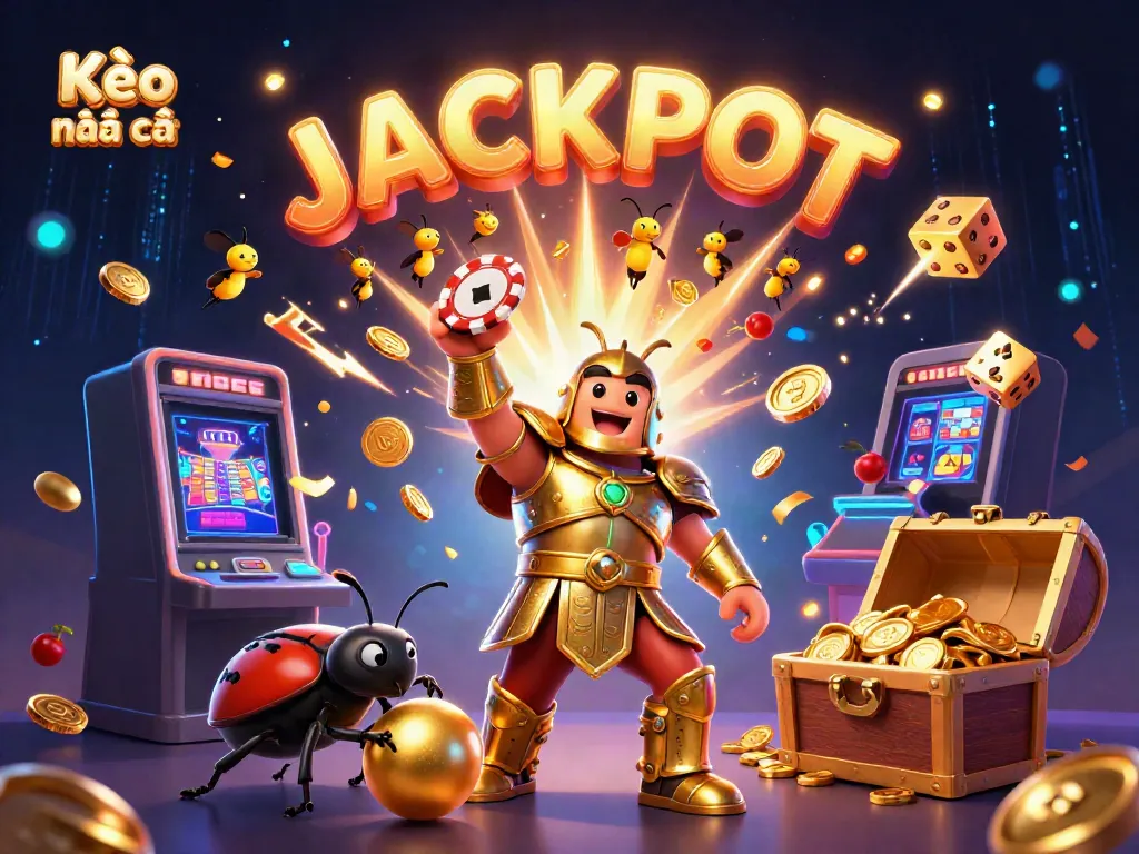 Experience Kèo nhà cái with a 3D beetle championing victory, surrounded by casino elements and jackpot excitement.