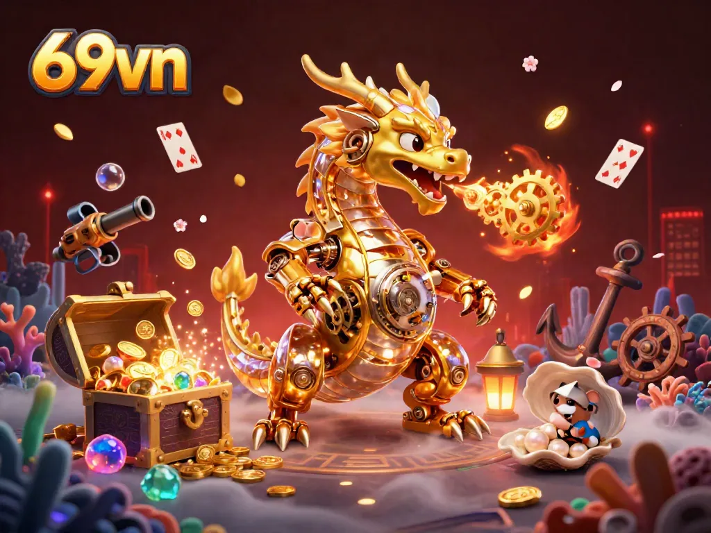 Experience thrilling slots and games at 69vn with a vibrant mythical dragon and treasure elements.