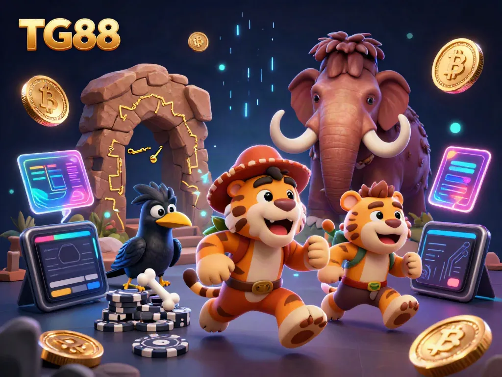 Experience the thrilling casino environment of TG88 with a vibrant 3D caveman and sabertooth duo at play.