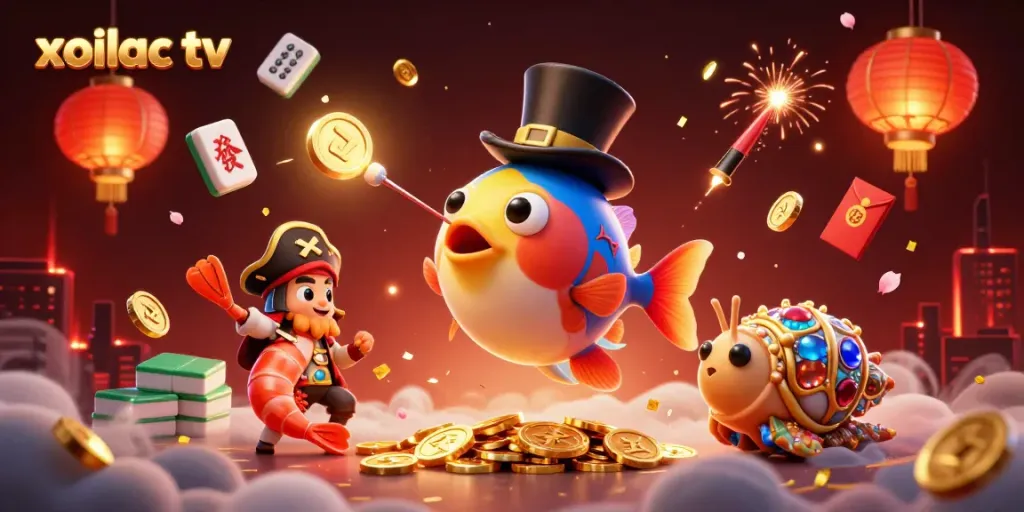 Xoilac tv's vibrant underwater scene showcasing an anglerfish surrounded by animated prizes.