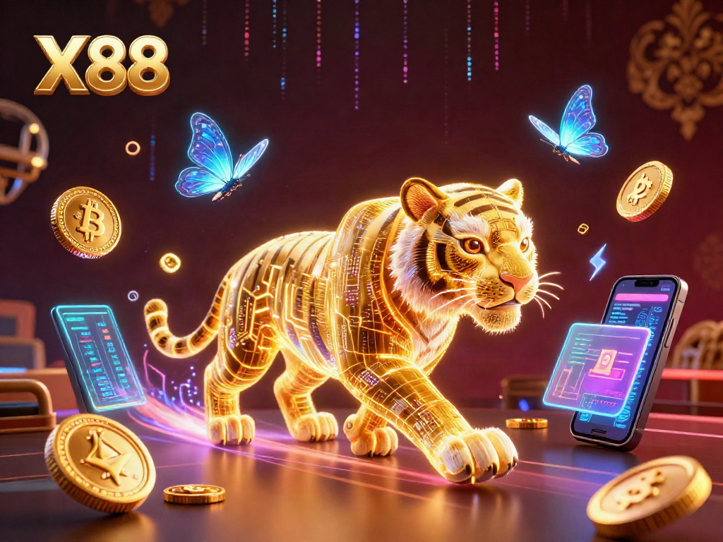 X88 elevates the digital casino experience with vibrant holographic elements and the golden tiger mascot.