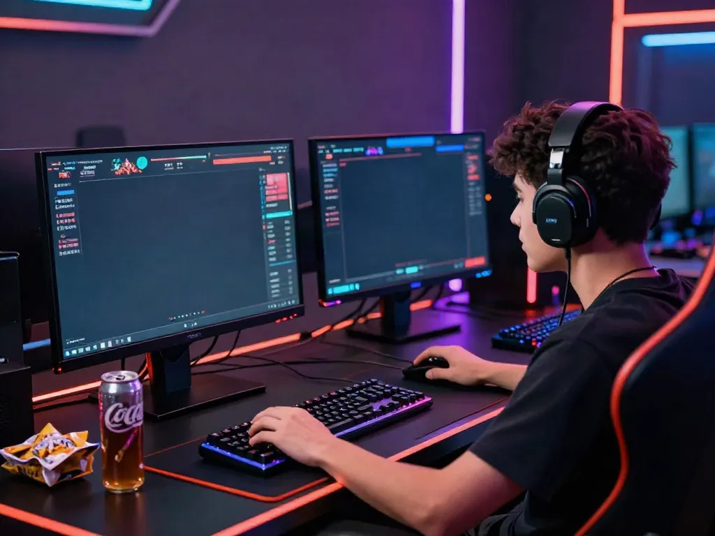 Intense gaming session on https://manclub1.jp.net/ with dual monitors and vibrant game displays.