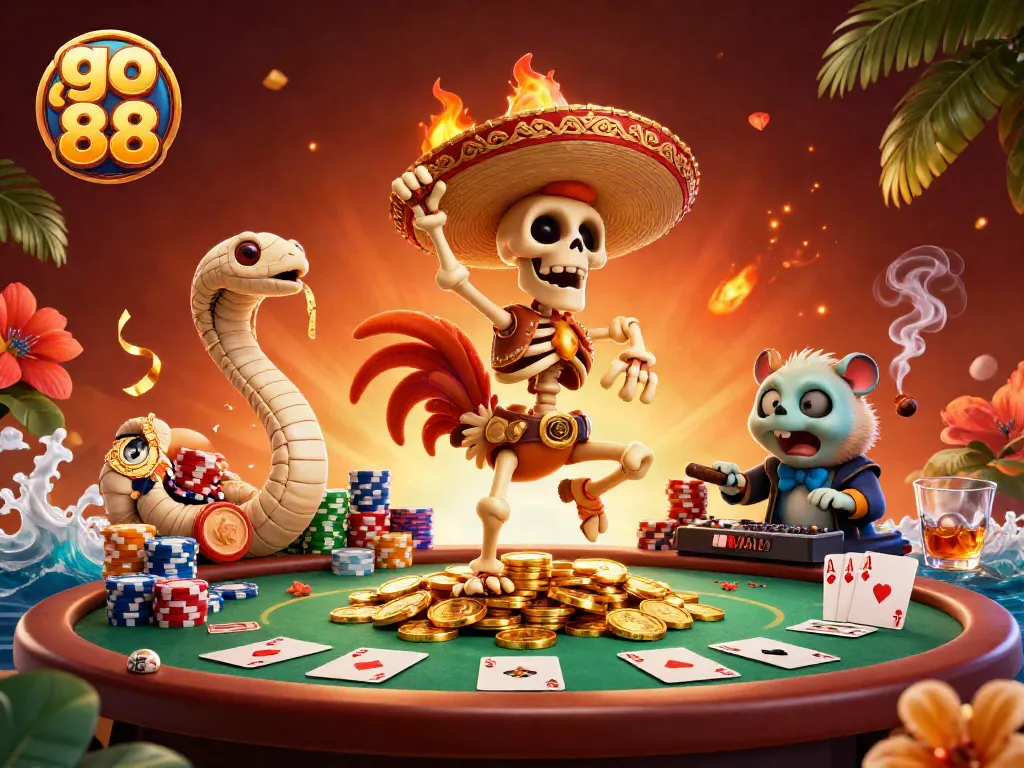 Experience the excitement of go 88 with a lively 3D illustration of festive casino characters celebrating winnings.