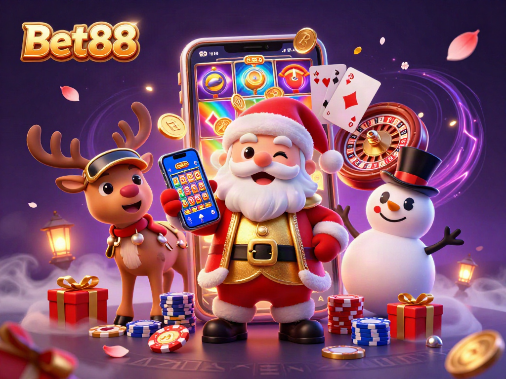 Bet88 showcases Santa celebrating winnings with festive characters in a vibrant casino scene.