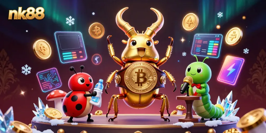 Engage with nk88's vibrant casino world featuring characters in a dynamic, action-packed illustration.